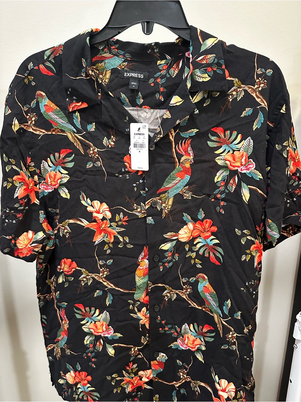 Express Black Shirt with Red & Green Parrot Floral Print NWT - Size M